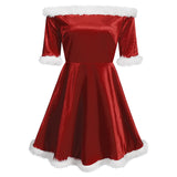 Miss Claus Dress Women Christmas Fancy Party Sexy Santa Off Shoulder Outfits Warm Ladies Velvet A-Line Short Dress-Outfit
