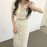 Korea Elegant Lapel Thin Tweed Small Suit Short Jacket + High Waist Chic Button Slim Womens Two Piece Skirt Sets