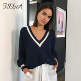 of FSDA V Neck Loose Women Sweater Autumn Winter White Long Seelve Jumper Patchwork Oversized Pullover Knitted Casual