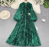 Quality Light Extravagant Lantern Long Sleeved Round Collar Waist Slim Single Breasted Printed Dress Elegant Long Skirt-Outfit