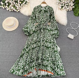 Quality Light Extravagant Lantern Long Sleeved Round Collar Waist Slim Single Breasted Printed Dress Elegant Long Skirt-Outfit