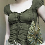 Early Summer New Square Collar Slim To Show Thin Split Line Fashion Tie Vintage Short-Sleeved T-Shirt Woman-Outfit
