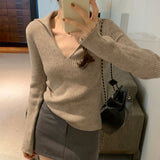 Lapel Folded Into Solid Color Long-Sleeved Knitted Sweater A New Style V-Collar Underwear In Autumn And Winter-Outfit
