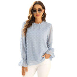 Solid Blouse Fashion Jacquard Stand Neck Long Sleeve Chic Office Work Tops Lady Plus Size Casual Elegant Chiffon