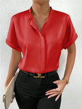 Women's Dress Solid Color Satin Short-Sleeved Shirt With Shoulder Collar Short-Sleeved Shirt Satin Shirt-Outfit