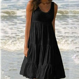 Casual Sleeveless O Neck Ruffles Mini Dress Elegant Solid Beach Dress Oversized Loose Dress 2021 Summer