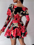 New Flower Printing Waist V Collar Bubble Sleeve Dress-Outfit