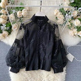 Retro Mesh Lace Blouse Women's Collar Three-Dimensional Embroidered Bubble Sleeve Court Style Slim Shirt