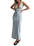Women Backless Long Dress Sexy Floral Print Sleeveless Lace V-neck Cocktail Dress Slim Spaghetti Strap Vestidos Party-Outfit