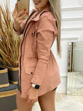 Autumn Women Solid Coats Turn Down Collar Full Sleeve Regular Casual Drawstring Tight Waist Zipper Pockets Jackets-Outfit