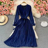 VAREY LIN New Spring Autumn Women Casual Solid Slim Dress Elegant A Line V Neck Puff Sleeve Chiffon Pullover Mid-Calf