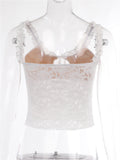 Retro Lace Floral See Through Sleeveless Camis Tops for Women 2023 Ruffle Strap Tie-up O-neck Slim Fit Tank Mini Vest-Outfit