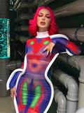 Summer Sexy Bodycon Print Dresses For Women 2022 Long Sleeve Turtleneck Dress Women Party Design Short Midi Dress