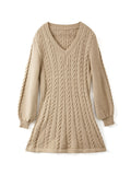 Color Cute V-Neck Cable Knit Long Sleeve Mini