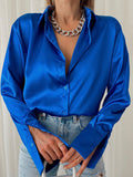 Satin Long Sleeve Blouses Women 2022 Vintage Blue Green Silk Shirt Women Casual Loose Button Up Female Shirts