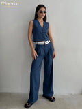 Fashoin Blue Office Two Piece Sets Women Outifits Elegant Sleeveless Crop Top With High Wasit Patchwork Pants Set