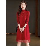Collar Long-Sleeved Knitted Dress Women's Autumn And Winter Coat With Sweater 2024 Red Bottomed Medium-Length Dress-Outfit