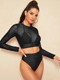 Toloer Sleeve Smock Mesh Bikini Swimsuit Split High Waist Triangle Three Piece Swimsuit