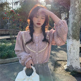 Women Patchwork Fashion Vintage All-match Single Breasted Round Neck Cozy Basic Spring Long Sleeve Chiffon Girls