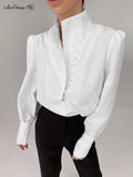Stand Collar Office Blouse Women Casual Puff Sleeve Work shirts White Ladies Single-Breasted Top Spring Fashion