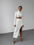 Autumn Sexy Solid Ribbed 2 Two Piece Sets Club Outfit For Women 2023 Long Sleeve O Neck Crop Top And Skirt Sets