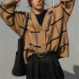 2020 Autumn Winter Korean Casual Women Y2K Plaid Knitted Cardigans Sweater Loose Long Oversized Sweater Jumper