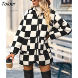 Women Winter Warm Teddy Coat Fleece White Black Plaid Button Long Turn Down Collar Jacket Plush Outerwear Female Streetwear