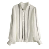 Wood Ear Lace Side Small Vertical Double-Necked Double-Lap Design Single-Lap Buckle Long-Sleeved Shirt Women 2025 Early Autumn New
