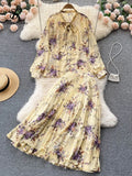 Women Summer Print Temperament Set 2022 Summer Long Sleeves Bow Single Breasted Tops Ladies Long Skirt Two Piece