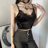 Lace Patchwork Transparant Back Body Crop Top Women Sleeveless Clubwear Gothic Style Skull Graphic Embroidery Black Camis-Outfit