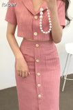 Korea Elegant Lapel Thin Tweed Small Suit Short Jacket + High Waist Chic Button Slim Womens Two Piece Skirt Sets