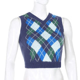 Y2K Sleeveless Autumn Sweater Pullover Casual Plaid Knitted 90s Knitted Crop Sweaters Casual Autumn Preppy