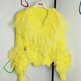 2021 Autumn Winter Fashion Sequined Embroidery Pullover Sweater Korean Sweet Mesh Ruffles Flower Patchwork Sueter