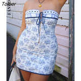 Floral Printed Vacation Women Dress Off-shoulder Blue Metal Button Spring Skinny Elegant Outside Female Mini