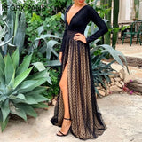 V Dot Mesh Maxi Party Black Dress-Outfit