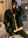 VAREY LIN Hooded Leather Jackets New Autumn Women Epaulet Pockets Button Zipper Hoodies PU Leather Moto Biker