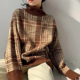 Turtleneck Women Sweater Knitted 2021 Korean Fashion Long Sleeve Plaid Oversized Pullovers Casual Loose