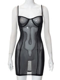 Mesh Sheer See Through Sexy Women Dresses Black Party Clubwear Summer 2023 Sleeveless Strap V-neck Slim Dress Vestido-Outfit