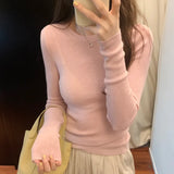 Pure Color Slim, Slim, Skinny, Bottomed Sweater, A New Autumn Style Soft Waxy Round Collar With A Long-Sleeved Blouse-Outfit