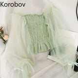 Korean Solid Mesh Long Sleeve Sexy Women Blouses 2020 New Arrival Slash Neck Female Shirts Elegant Mujer
