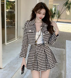 Elegant Matching Set Vintage Tweed Short Plaid Jacket Long Sleeve Coat+Slim Mini Houndstooth Pleated Skirt Two Piece