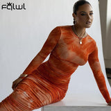 Tie Dye Print Long Sleeve Maxi Dress Women Solid Bodycon Ruched Wrap Dress Female Fall Ladies Pleated Sexy Party