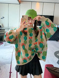 Winter Retro Sweater Loose Green Pullover Knitted Gentle Sweet Outerwear Top Soft Comfortable O-Neck Puff Sleeve
