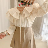 Spring Korean Office Shirt Long Sleeve Women Embroidered Casual Elegant Tops Hollow Bow Tie Sweet Shirt Chic Solid