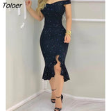 Women Fashion Elegant Sexy Glitter Off Shoulder Ruffles Slit Midi Dress Sexy Party Solid Red Black Bodycon