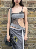 y2k Knitted Crop Top Cut Out Asymmetrical Camis Backless Patchwork Sexy Women Chic Grey Grunge Mini Vest Retro