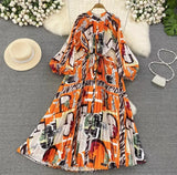 Quality Light Extravagant Lantern Long Sleeved Round Collar Waist Slim Single Breasted Printed Dress Elegant Long Skirt-Outfit