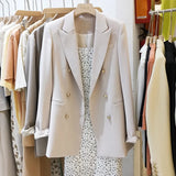 VAREY LIN New Spring Autumn Vintage Women Long Sleeve Solid Blazer Office Ladies Notched Collar Double Breasted