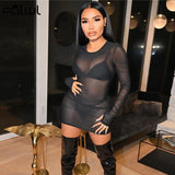 Summer See Through Dresses For Women 2021 Long Sleeve Sexy Party Fashion Bodycon Dress O Neck Mesh Black Mini