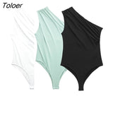 Women Sexy Solid Sleeveless Pleated Design Asymmetrical Slim Bodysuits Ladies One Shoulder Playsuits Mujer Rompers